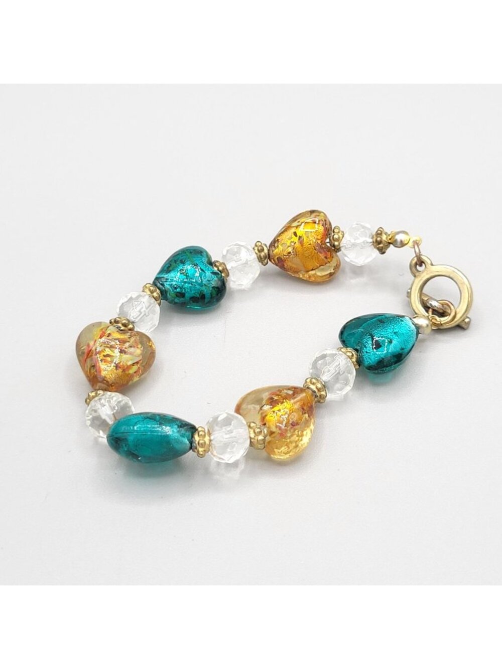 Teal and Amber Colored Glass Heart Bracelet Clear Beads Gold Tone Spacers